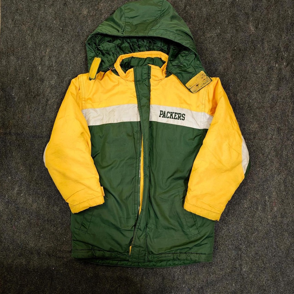 Vintage Green Bay Packers Youth Puffer Jacket Hooded NFL Green Yellow 90s Style